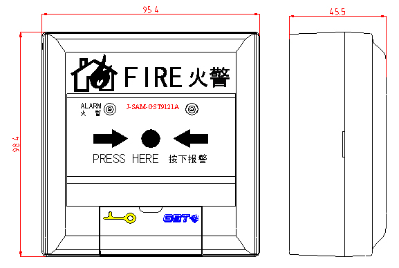 J-SAM-GST9121A手動(dòng)火災(zāi)報(bào)警按鈕外形結(jié)構(gòu)示意圖